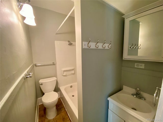 full bath with shower / bathtub combination, toilet, vanity, and wood finished floors