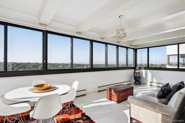 sunroom / solarium with a baseboard heating unit, beamed ceiling, and plenty of natural light