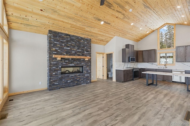 kitchen featuring appliances with stainless steel finishes, dark brown cabinetry, high vaulted ceiling, and wooden ceiling