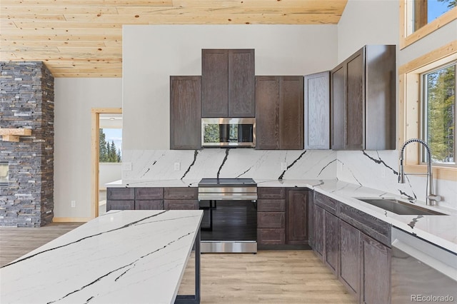 kitchen with light stone counters, sink, stainless steel appliances, and wooden ceiling