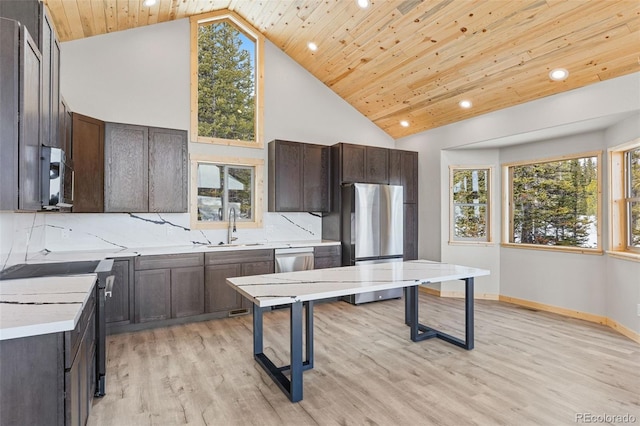 kitchen featuring sink, wood ceiling, tasteful backsplash, appliances with stainless steel finishes, and light hardwood / wood-style floors