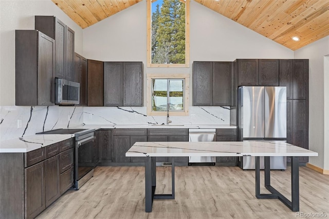 kitchen with dark brown cabinets, stainless steel appliances, decorative backsplash, wooden ceiling, and light wood-type flooring