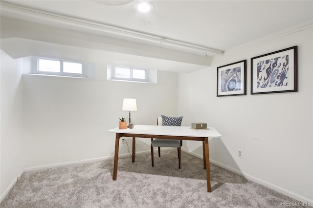 office space featuring a wealth of natural light and light colored carpet