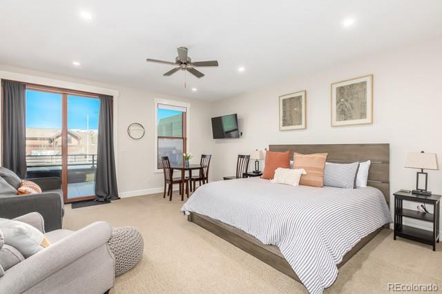 828 Grand Ave Unit 201C, Grand Lake, CO 80447 - bedroom with light carpet, access to exterior, recessed lighting, baseboards, and ceiling fan