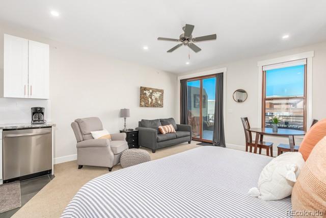 828 Grand Ave Unit 201C, Grand Lake, CO 80447 - bedroom with access to exterior, recessed lighting, baseboards, and a ceiling fan
