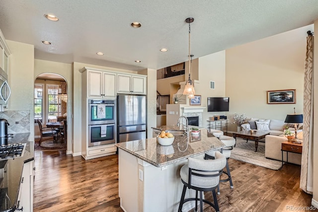 3181 Firenze Pl, Highlands Ranch, CO 80126 - kitchen featuring stainless steel appliances, a sink, arched walkways, dark wood-style floors, and a glass covered fireplace
