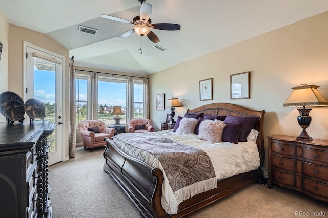 3181 Firenze Pl, Highlands Ranch, CO 80126 - bedroom featuring light carpet, access to outside, vaulted ceiling, and multiple windows