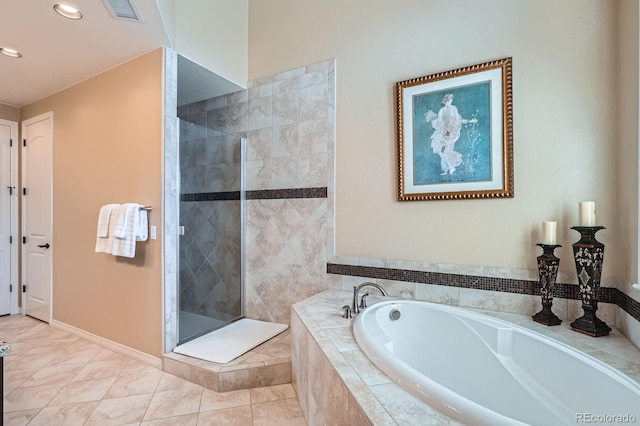 3181 Firenze Pl, Highlands Ranch, CO 80126 - full bathroom with a bath, a tile shower, recessed lighting, and tile patterned flooring