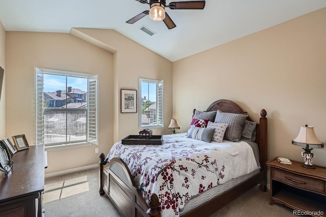 3181 Firenze Pl, Highlands Ranch, CO 80126 - bedroom featuring multiple windows, carpet flooring, vaulted ceiling, baseboards, and ceiling fan