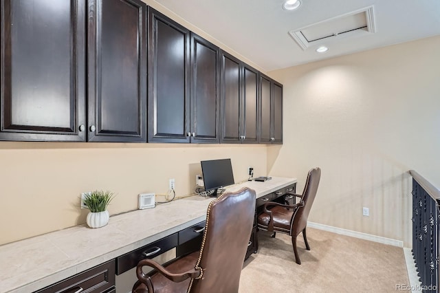 3181 Firenze Pl, Highlands Ranch, CO 80126 - office space featuring light carpet, attic access, baseboards, built in desk, and recessed lighting