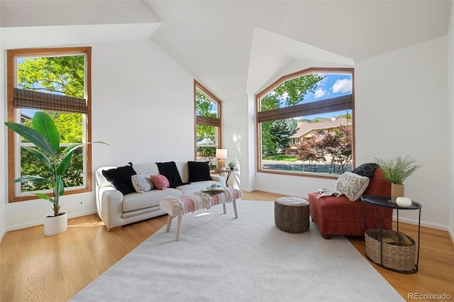 living room featuring light wood-type flooring, lofted ceiling, and plenty of natural light