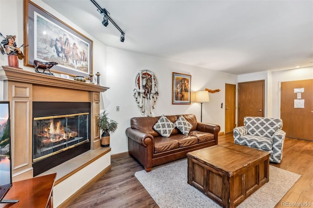 living room featuring hardwood / wood-style flooring and rail lighting