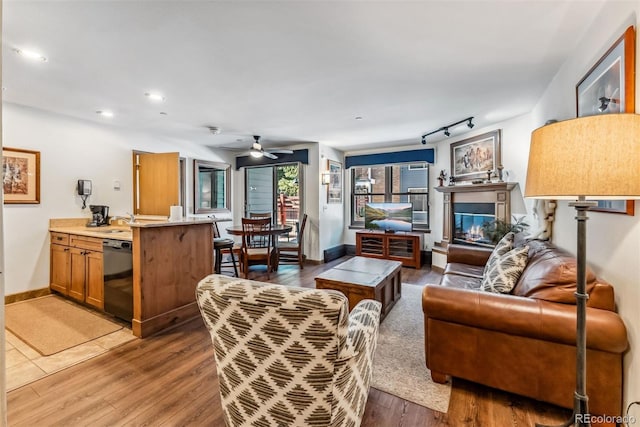 living room featuring ceiling fan, track lighting, sink, and dark hardwood / wood-style floors