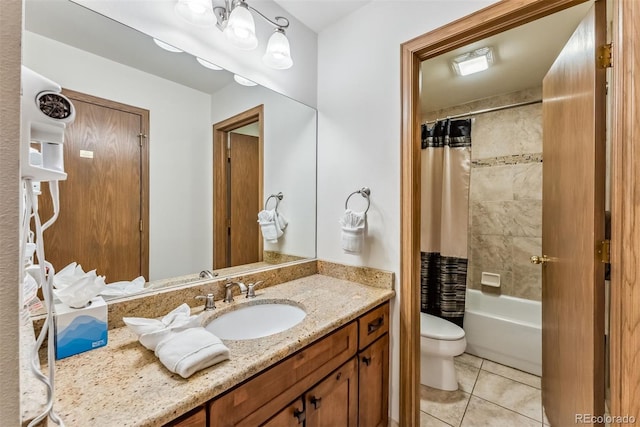 full bathroom featuring vanity, toilet, shower / tub combo, and tile patterned flooring