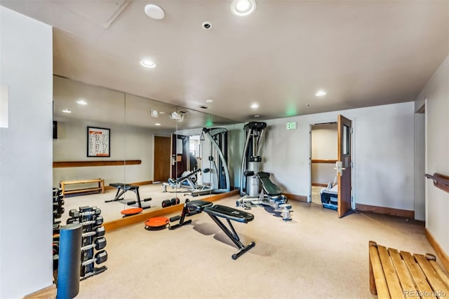 workout room featuring carpet flooring