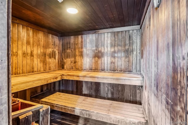 view of sauna featuring wood walls and wooden ceiling