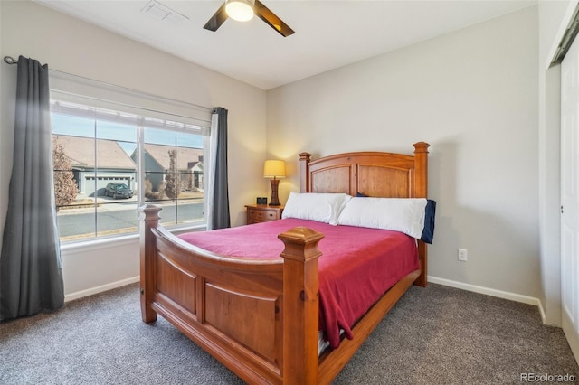 bedroom with carpet, visible vents, ceiling fan, and baseboards