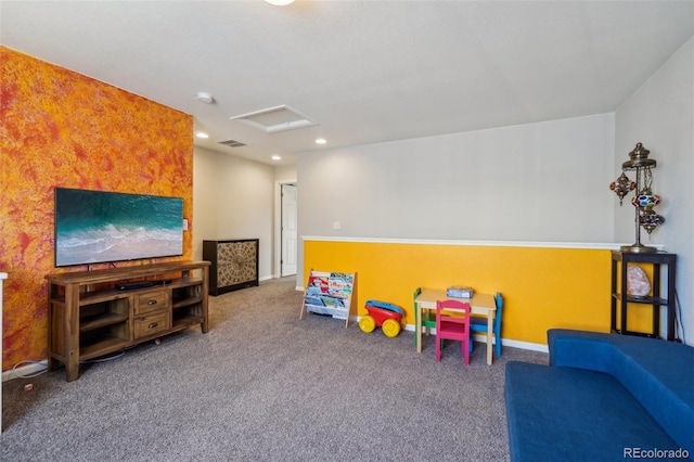 playroom with recessed lighting, carpet flooring, visible vents, baseboards, and attic access