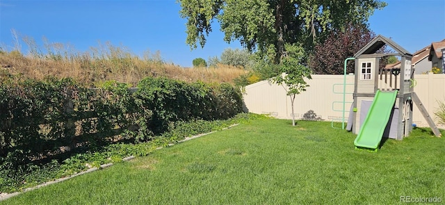 view of yard featuring a playground and a fenced backyard