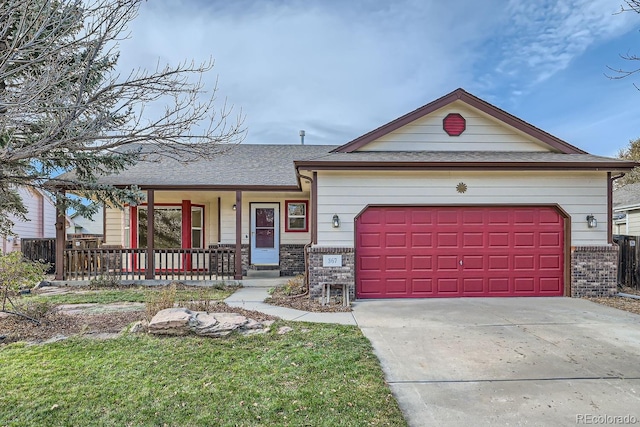 ranch-style house with covered porch and a garage