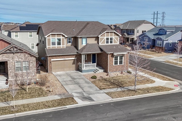 view of front of home with a residential view, roof with shingles, concrete driveway, an attached garage, and brick siding