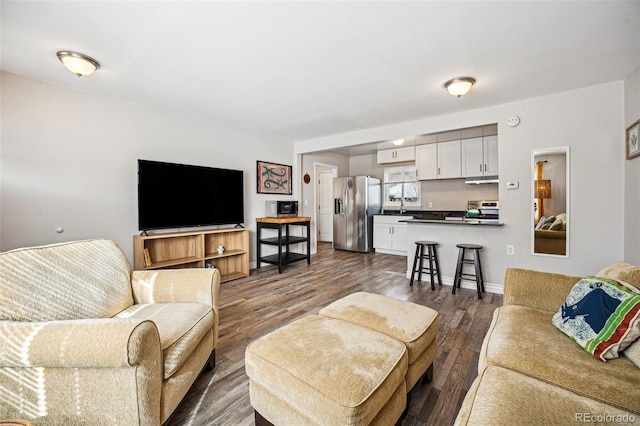 living room featuring baseboards and dark wood-type flooring