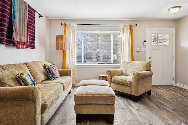 living area featuring baseboards and wood finished floors