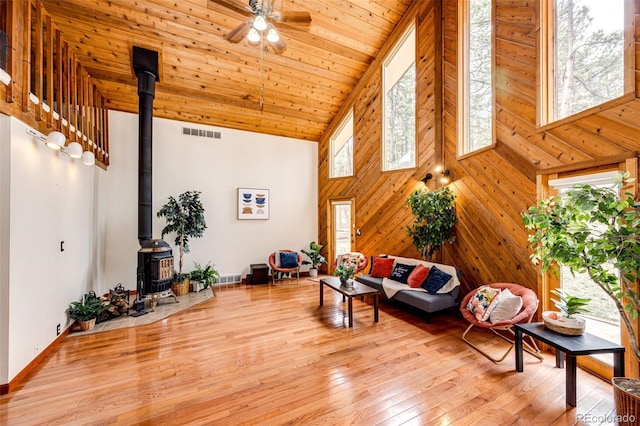living area featuring hardwood / wood-style floors, wood walls, a wood stove, and wooden ceiling