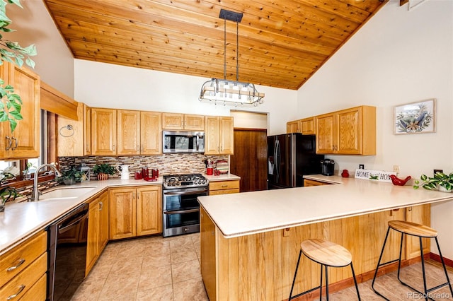 kitchen with backsplash, black appliances, a breakfast bar area, wood ceiling, and a sink