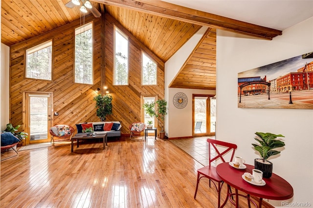 interior space featuring a ceiling fan, light wood-style floors, wooden walls, beamed ceiling, and high vaulted ceiling