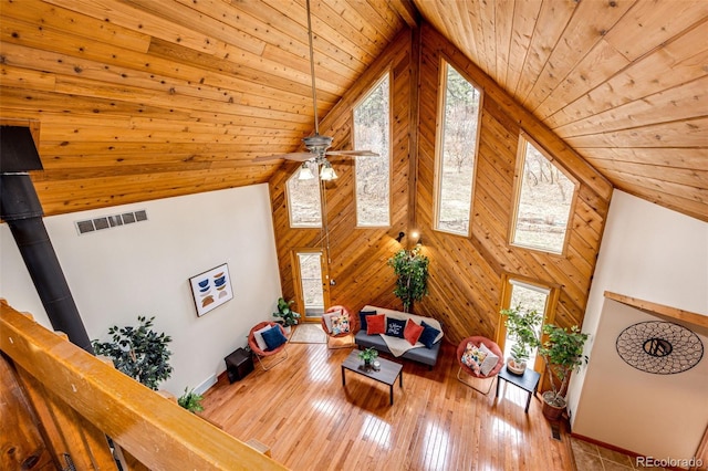 living room with visible vents, wooden ceiling, ceiling fan, hardwood / wood-style flooring, and high vaulted ceiling