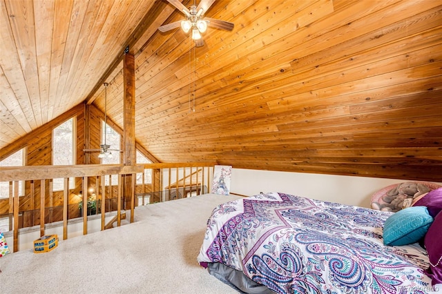 carpeted bedroom with wooden ceiling and vaulted ceiling
