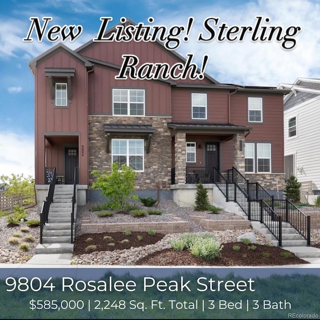 9804 Rosalee Peak St, Littleton, CO 80125 - view of front facade with stone siding, board and batten siding, and stairway