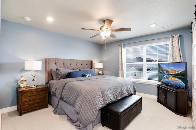 9804 Rosalee Peak St, Littleton, CO 80125 - bedroom with light colored carpet, baseboards, ceiling fan, and recessed lighting