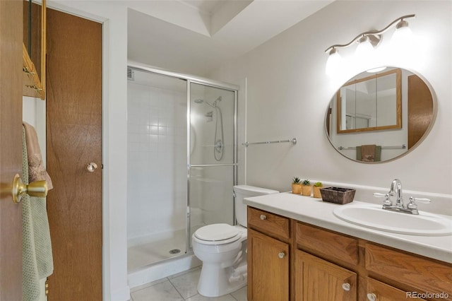 13606 E Bates Ave Unit 304, Aurora, CO 80014 - bathroom with toilet, a stall shower, vanity, and tile patterned floors