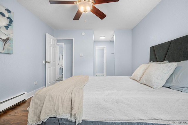 2281 Vaughn Unit 104A, Aurora, CO 80014 - bedroom featuring a baseboard radiator, dark wood finished floors, baseboards, and a ceiling fan