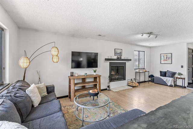 living room with a textured ceiling, a fireplace with raised hearth, and wood finished floors