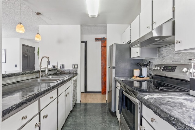 kitchen featuring exhaust hood, a sink, stainless steel electric stove, and white cabinets