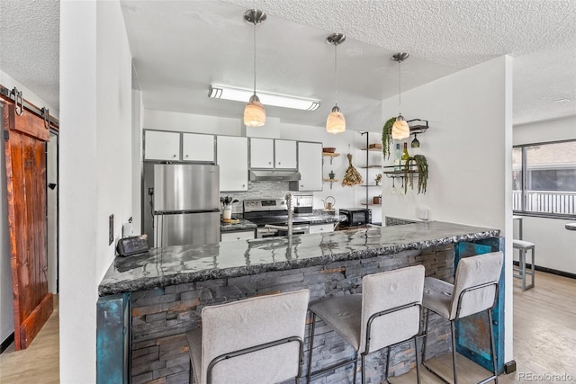 kitchen with under cabinet range hood, a textured ceiling, light wood-style flooring, and appliances with stainless steel finishes
