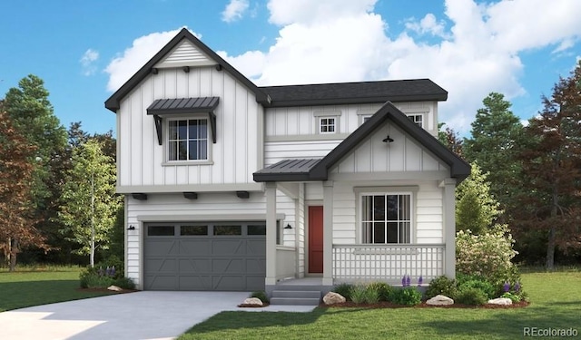 modern inspired farmhouse with a front yard, a porch, a garage, board and batten siding, and concrete driveway