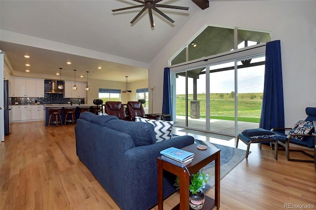 living room featuring high vaulted ceiling and light wood-type flooring