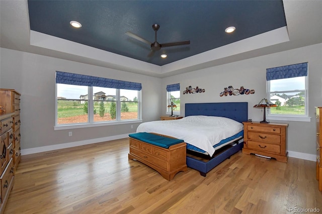 bedroom featuring multiple windows, a tray ceiling, and light hardwood / wood-style floors