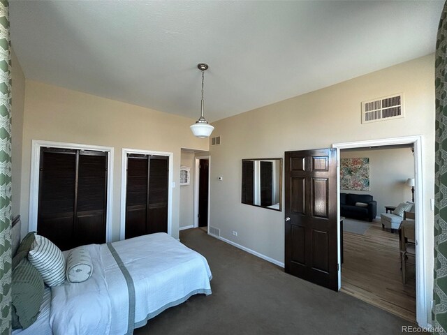 carpeted bedroom with baseboards, visible vents, and multiple closets