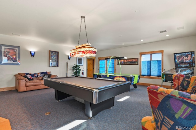 recreation room with carpet floors, pool table, visible vents, and recessed lighting