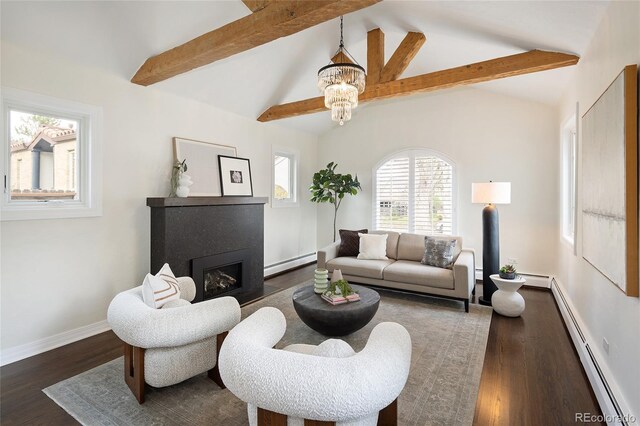 living area featuring a baseboard radiator, lofted ceiling with beams, dark wood-type flooring, and baseboards