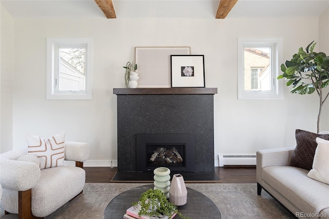 living room featuring a baseboard radiator, beam ceiling, plenty of natural light, and wood finished floors