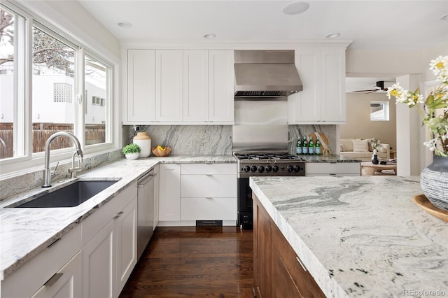 kitchen with wall chimney range hood, appliances with stainless steel finishes, a sink, and a wealth of natural light
