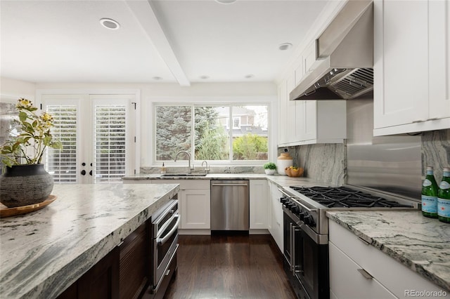 kitchen with a sink, stainless steel appliances, a wealth of natural light, and wall chimney exhaust hood