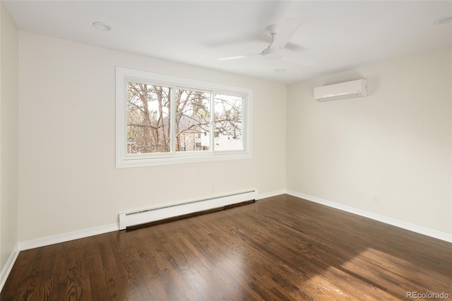 empty room featuring dark wood-style flooring, baseboards, ceiling fan, a baseboard heating unit, and an AC wall unit