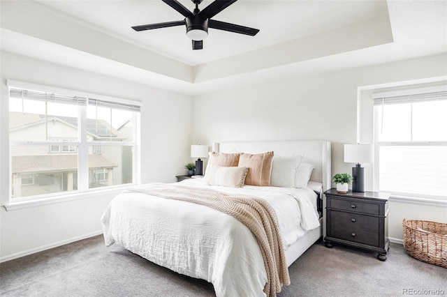 carpeted bedroom featuring ceiling fan, a raised ceiling, and multiple windows